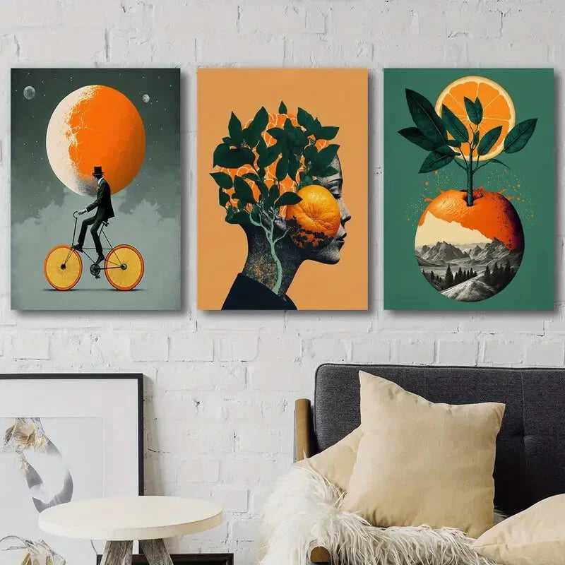 3pcs Abstract Fruit Bicycle People Décor Perfect Wall Art Set Canvas Framed 40x60cm - High Quality Print 100% Australian Made Wall Canvas Ready to Hang - Bella Home Decor