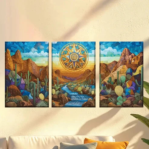 3pcs Mexican Valley Sunset with Cacti & River Wall Art Set Canvas Unframed - High Quality Print 100% Australian Made Wall Canvas