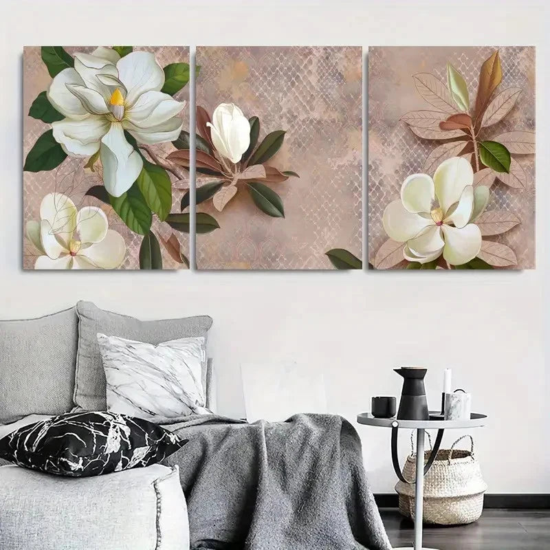 3pcs White Magnolia Botanical Branch Metal Print Ready to Hang Art