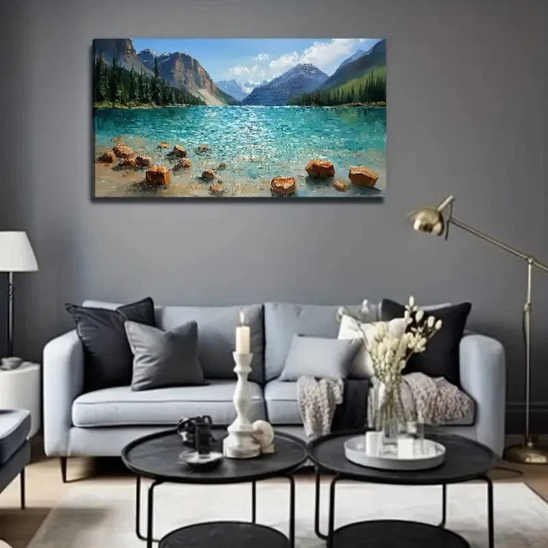 Lake Pine Trees Mountains Wall Art Canvas Office Home Room Framed 120x60cm