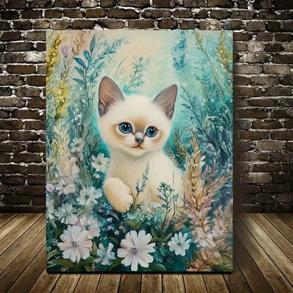 Cute Siamese Kitten with Blue Eyes in Floral 40x60cm Metal Print Ready to Hang - Bella Home Decor