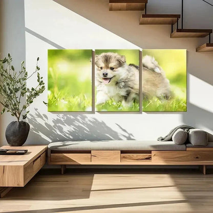 3pcs Brown Puppy on Green Grass Painting Wall Art Set Canvas Framed 60x90cm - High Quality Print 100% Australian Made Wall Canvas Ready to Hang - Bella Home Decor