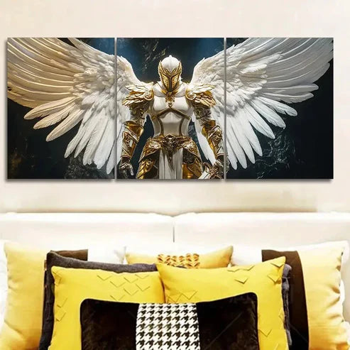 3pcs Angel in White and Golden Armor Wall Art Set Canvas Unframed - High Quality Print 100% Australian Made Wall Canvas - Bella Home Decor