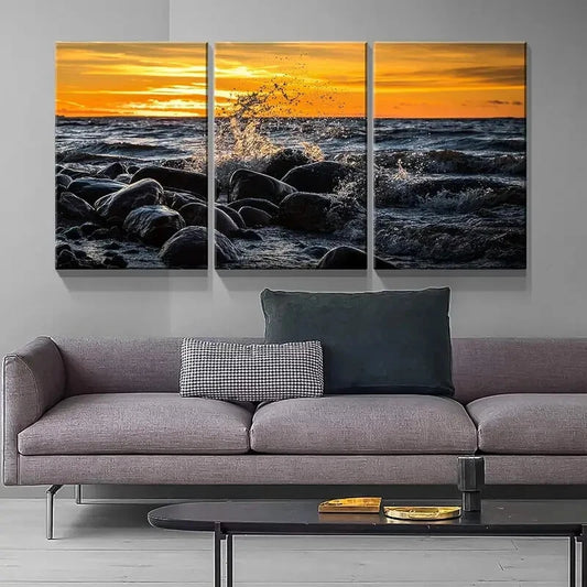 3pcs Sea and Stones in The Sunset Metal Print Ready to Hang Art