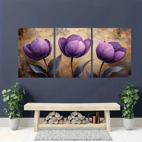 3pcs Showcasing Beige Purple Tulips Wall Art Set Canvas Unframed - High Quality Print 100% Australian Made Wall Canvas