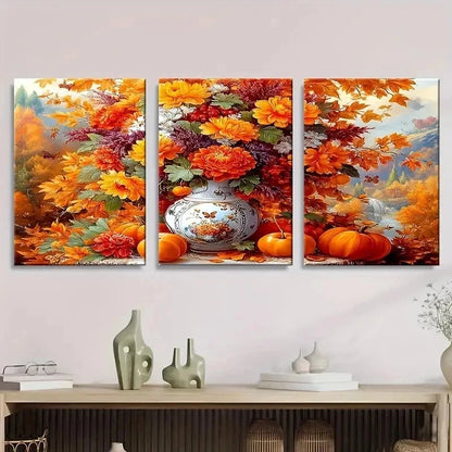 3pcs Autumn Bouquet with Pumpkins Wall Art Set Canvas Framed 60x90cm - High Quality Print 100% Australian Made Wall Canvas Ready to Hang - Bella Home Decor