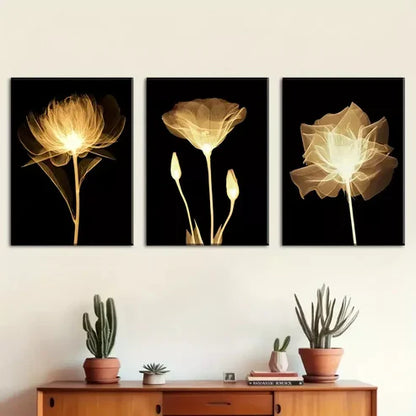3pcs Warm Golden Flowers, Natural Plants Black Wall Art Canvas Unframed - High Quality Print 100% Australian Made Wall Canvas