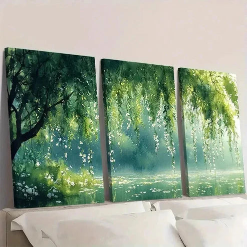 3pcs Serene Willow Tree & White Flower Landscape Wall Art Canvas Unframed - High Quality Print 100% Australian Made Wall Canvas