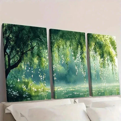 3pcs Serene Willow Tree & White Flower Landscape Wall Art Canvas Unframed - High Quality Print 100% Australian Made Wall Canvas
