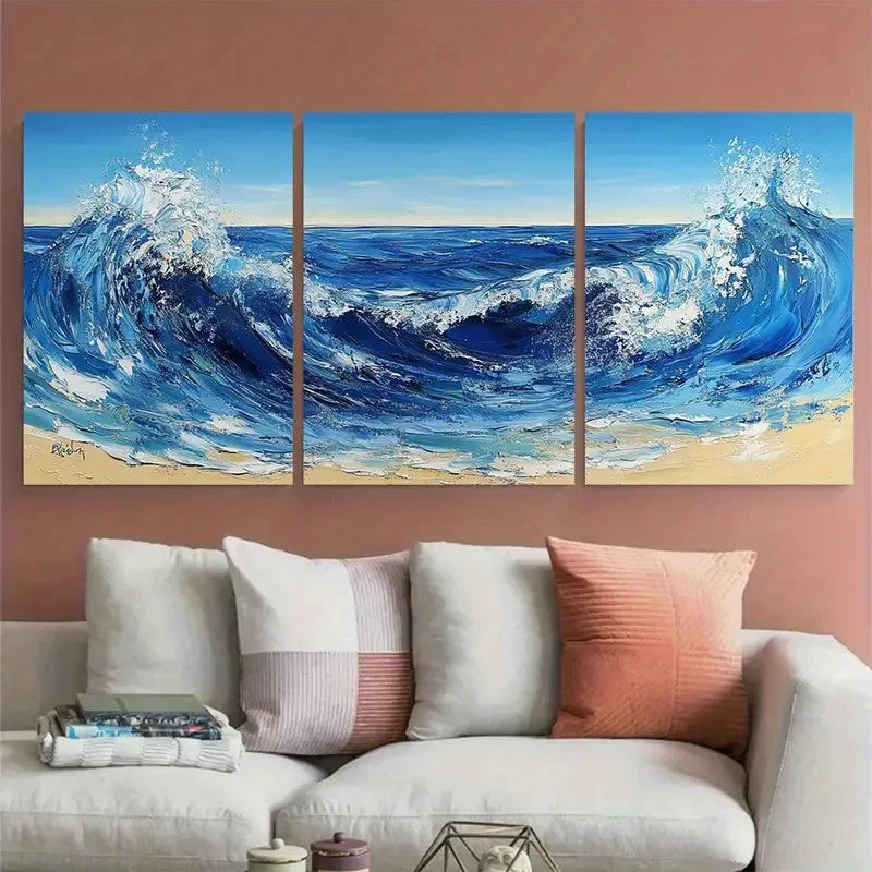 3pcs Blue Abstract Ocean Landscape Wave Beach Wall Art Set Canvas Framed 50x70cm - High Quality Print 100% Australian Made Wall Canvas Ready to Hang - Bella Home Decor