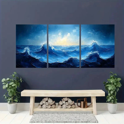 3pcs Blue and White Sea Painting Metal Print Ready to Hang Art - Bella Home Decor
