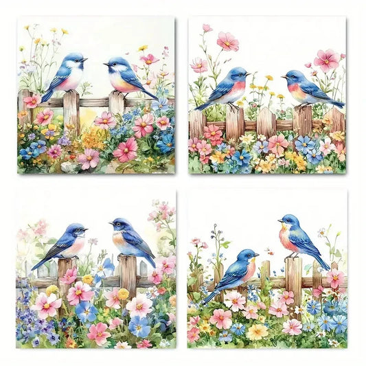 4pcs Blue BirdWall Art Canvas Framed