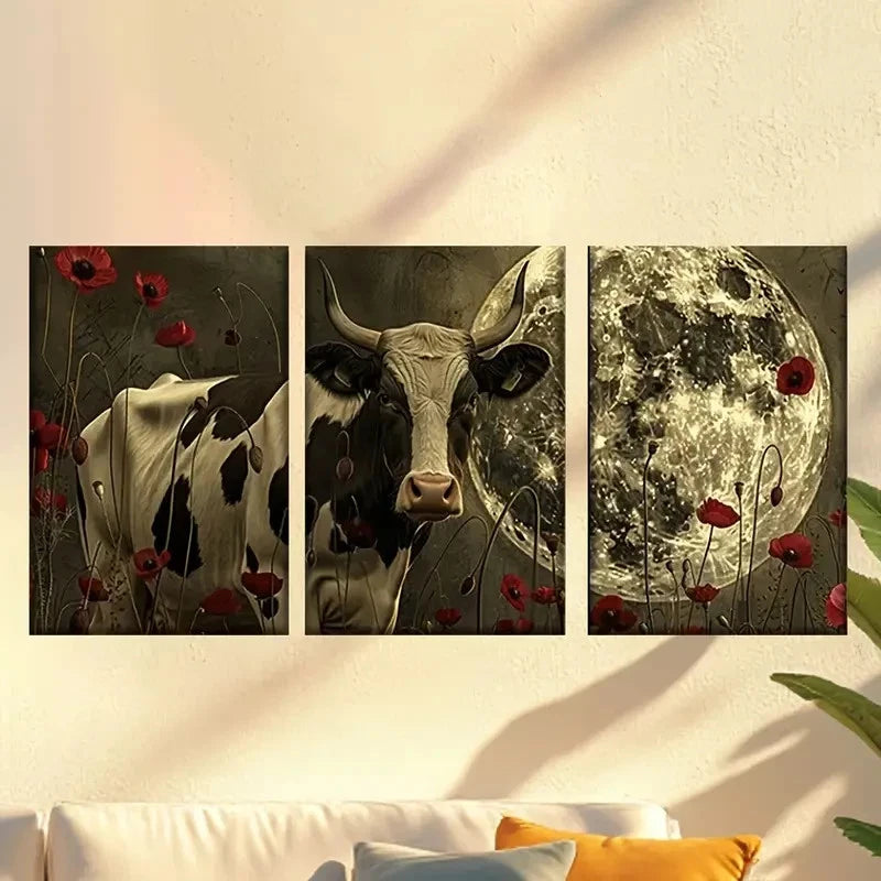 3pcs Cow & Floral Scene with Moonlit Night Wall Art Set Canvas Framed 60x90cm - High Quality Print 100% Australian Made Wall Canvas Ready to Hang - Bella Home Decor