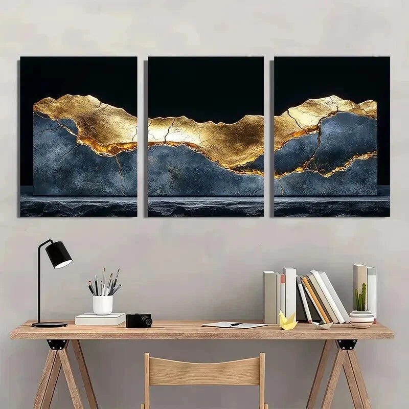 3pcs Cracked Golden Metallic Sheen on Black Wall Art Set Canvas Framed 60x90cm - High Quality Print 100% Australian Made Wall Canvas Ready to Hang - Bella Home Decor