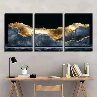 3pcs Cracked Golden Metallic Sheen on Black Wall Art Set Canvas Framed 60x90cm - High Quality Print 100% Australian Made Wall Canvas Ready to Hang - Bella Home Decor