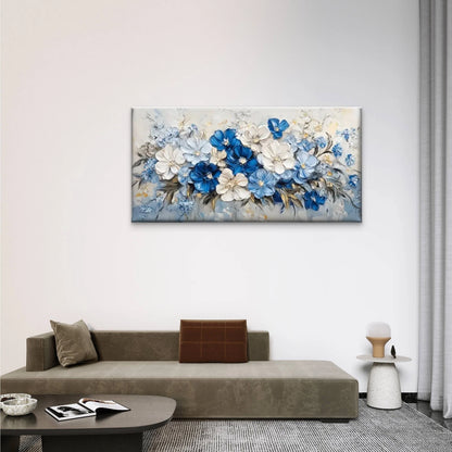 Blue Flowers White Wall Art Canvas Office Home Room Framed 120x60cm