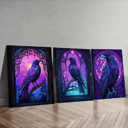 3pcs Stained Glass Window a Raven Perfect Wall Art Set Canvas Unframed - High Quality Print 100% Australian Made Wall Canvas