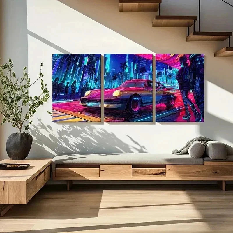 3pcs Vaporwave Aesthetic Sports Car Wall Art Set Canvas Framed 50x70cm - High Quality Print 100% Australian Made Wall Canvas Ready to Hang
