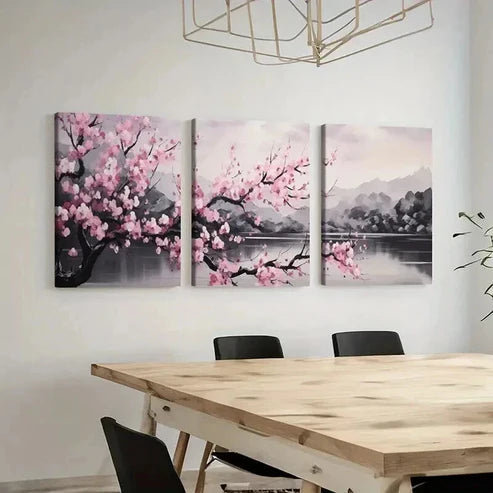 3pcs Cherry Blossoms Lake & Mountain Landscape Wall Art Canvas Unframed - High Quality Print 100% Australian Made Wall Canvas - Bella Home Decor