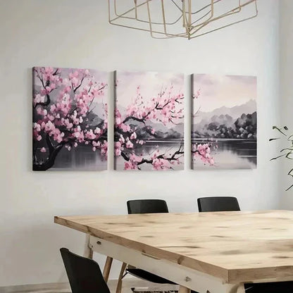 3pcs Cherry Blossoms Lake & Mountain Landscape Wall Art Canvas Unframed - High Quality Print 100% Australian Made Wall Canvas - Bella Home Decor