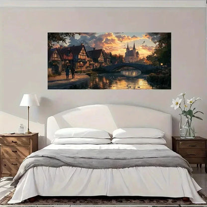Medieval Village Sunset Wall Art Canvas Office Home Room Framed 120x60cm