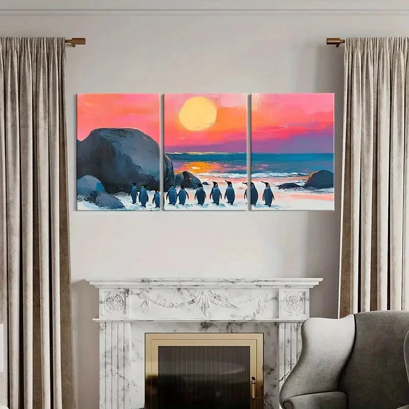 3pcs Artistic Penguins Sunset Beach Landscape Metal Print Ready to Hang Art - Bella Home Decor
