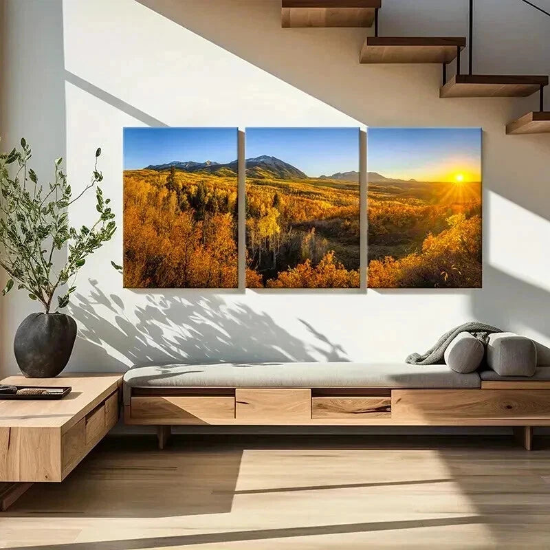 3pcs Autumn Forest Mountains Sunset Wall Art Set Canvas Framed 50x70cm - High Quality Print 100% Australian Made Wall Canvas Ready to Hang - Bella Home Decor