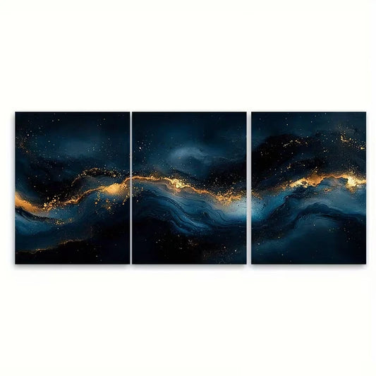 3pcs Abstract Fluid Art Elegant Blue Black Golden Metal Print Ready to Hang Art