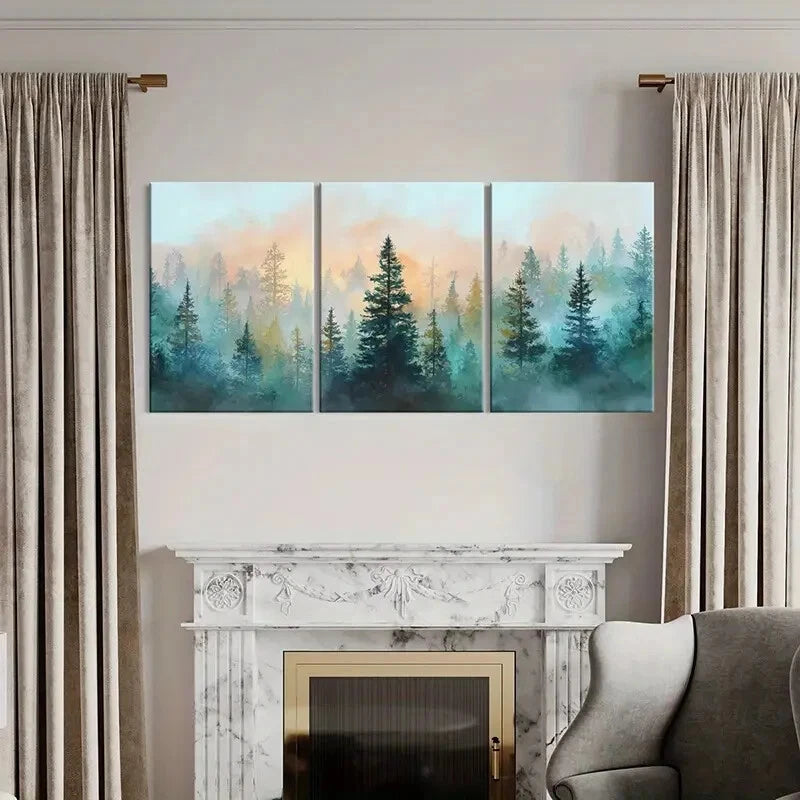 3pcs Forest Silhouette Misty Nature Landscape Metal Print Ready to Hang Art - Bella Home Decor