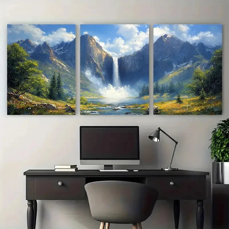 3pcs Yosemite Waterfall Landscape Impasto Design Wall Art Set Canvas Framed 40x60cm - High Quality Print 100% Australian Made Wall Canvas Ready to Hang
