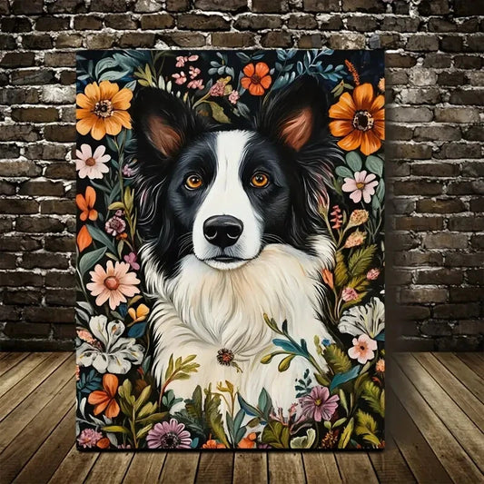 Charming Border Collie Dog with Vibrant Floral Design 40x60cm Metal Print Ready to Hang - Bella Home Decor