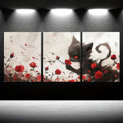 3pcs Vibrant Roses with Cat-Themed Design Metal Print Ready to Hang Art