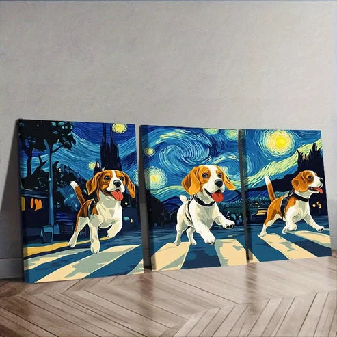3 PCS Beagle Dogs Crossing The Street Wall Art Set Canvas Unframed - High Quality Print 100% Australian Made Wall Canvas
