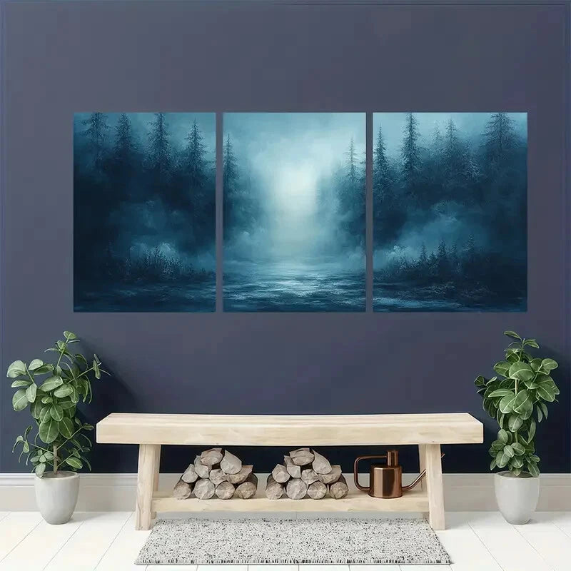 3pcs Minimalist Modern Abstract Misty Forest Metal Print Ready to Hang Art - Bella Home Decor