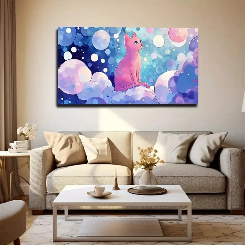 Abstract Cat & Bubbles Design Wall Art Canvas Office Home Room Framed 120x60cm