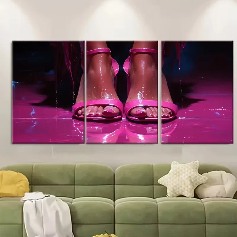 3pcs Chic Woman in Pink Heeled Sandals Metal Print Ready to Hang Art - Bella Home Decor