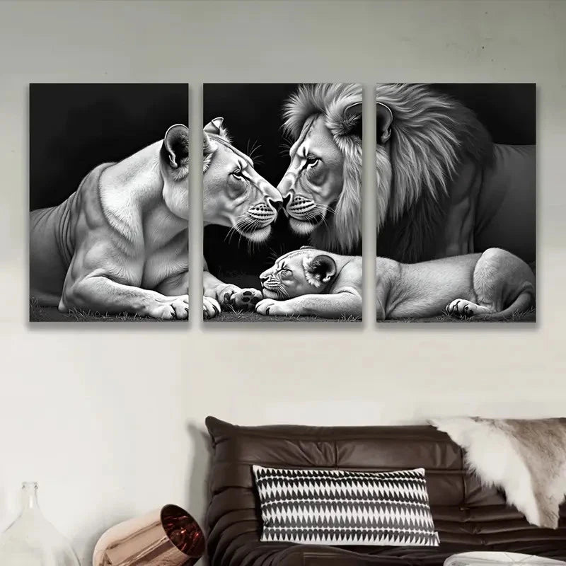 3pcs Black And White Lion Family Wall Art Set Canvas Framed 60x90cm - High Quality Print 100% Australian Made Wall Canvas Ready to Hang - Bella Home Decor