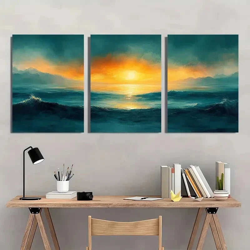 3pcs Sunset Ocean Abstract Landscape Metal Print Ready to Hang Art - Bella Home Decor