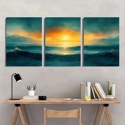 3pcs Sunset Ocean Abstract Landscape Metal Print Ready to Hang Art - Bella Home Decor