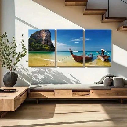 3pcs Natural Seaside Beach Island Boat Wall Art Set Canvas Framed 60x90cm - High Quality Print 100% Australian Made Wall Canvas Ready to Hang