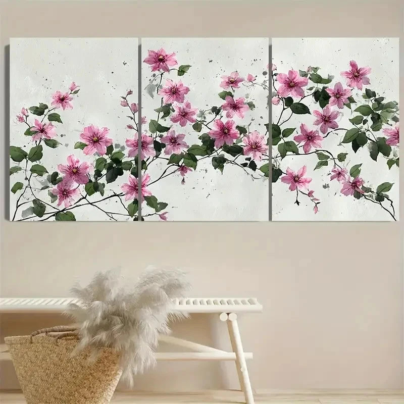 3pcs Japanese Style Soft Pink Flowers Wall Art Set Canvas Framed 60x90cm - High Quality Print 100% Australian Made Wall Canvas Ready to Hang