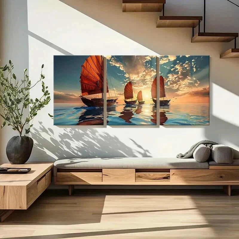 3pcs Sailing Ships Sunset Sky Calm Ocean Wall Art Set Canvas Framed 40x60cm - High Quality Print 100% Australian Made Wall Canvas Ready to Hang