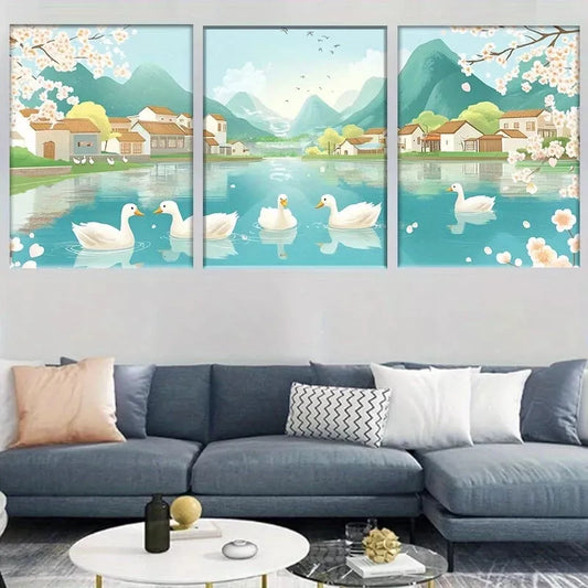 3pcs Serene Ducks on Tranquil River Wall Art Set Canvas Framed 50x70cm - High Quality Print 100% Australian Made Wall Canvas Ready to Hang