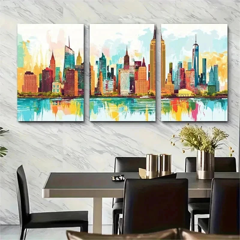 3pcs New York City Skyline Vibrant Perfect Wall Art Set Canvas Framed 50x70cm - High Quality Print 100% Australian Made Wall Canvas Ready to Hang