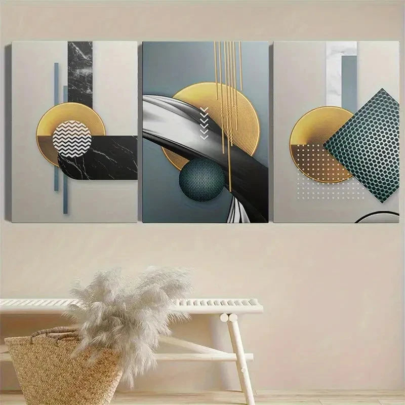 3pcs Abstract Stylish Golden Geometric Metal Print Ready to Hang Art - Bella Home Decor