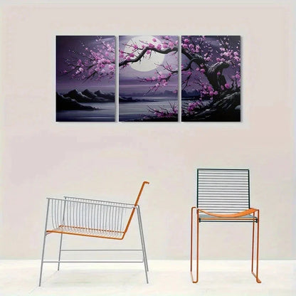 3pcs Cherry Blossom Moonlit Vibrant Pink Metal Print Ready to Hang Art - Bella Home Decor