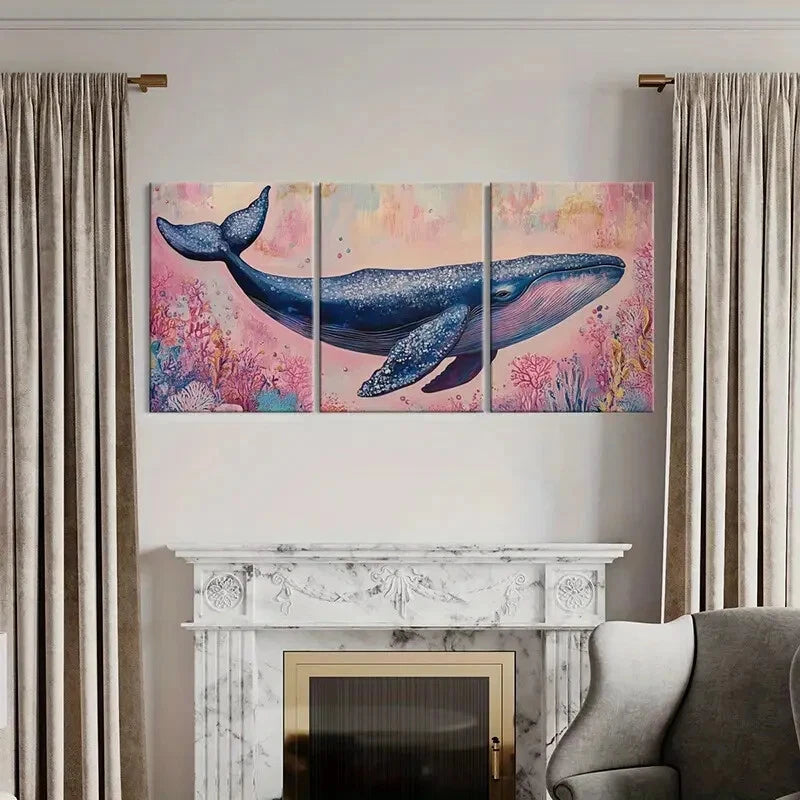 3pcs Whale Art Ocean Life Abstract Painting Metal Print Ready to Hang Art - Bella Home Decor