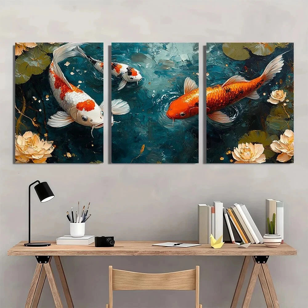 3pcs Koi Fish Painting Pond Abstract Metal Print Ready to Hang Art - Bella Home Decor