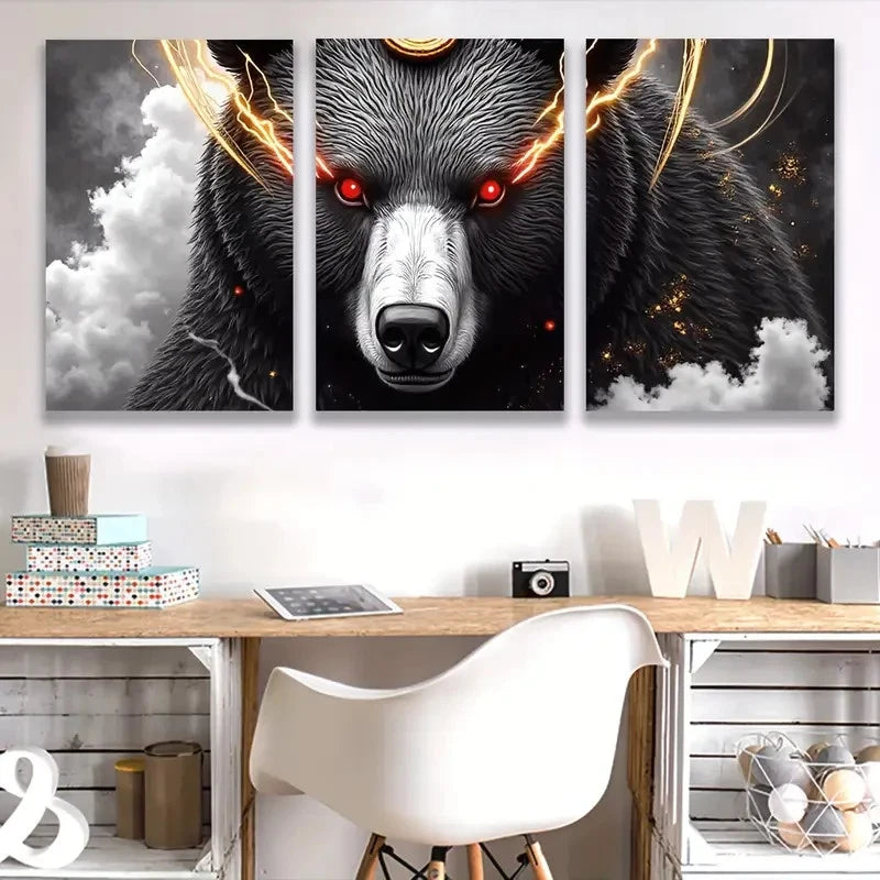 3pcs Dramatic Red & Black Bear with Flames I Wall Art Set Canvas Framed 50x70cm - High Quality Print 100% Australian Made Wall Canvas Ready to Hang - Bella Home Decor
