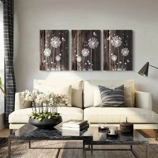 3pcs Brown & White Abstract Dandelion Metal Print Ready to Hang Art